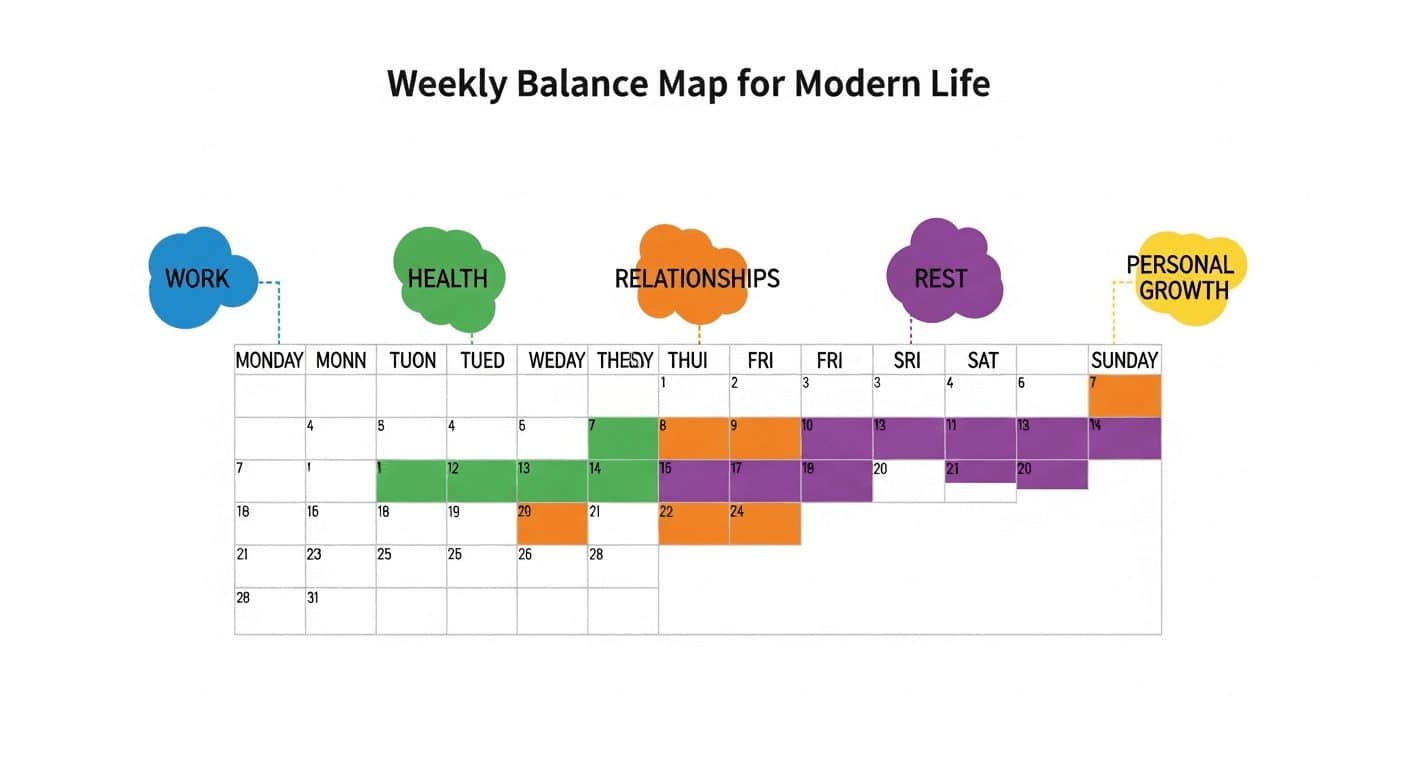 Infographic showing how to build a balanced lifestyle with a weekly calendar for work, health, relationships, rest, and growth.