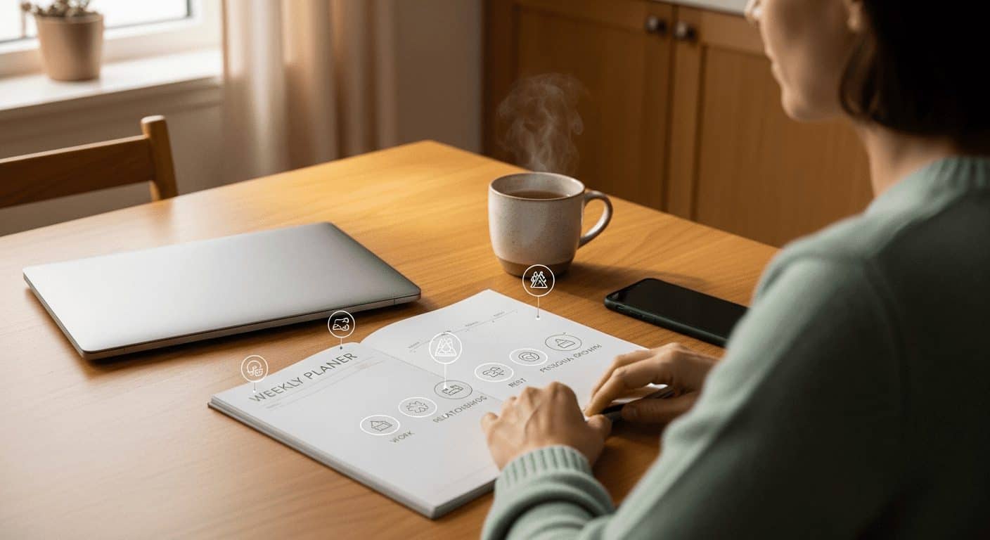 Adult planning a calm morning routine at home, illustrating how to build a balanced lifestyle in modern life.