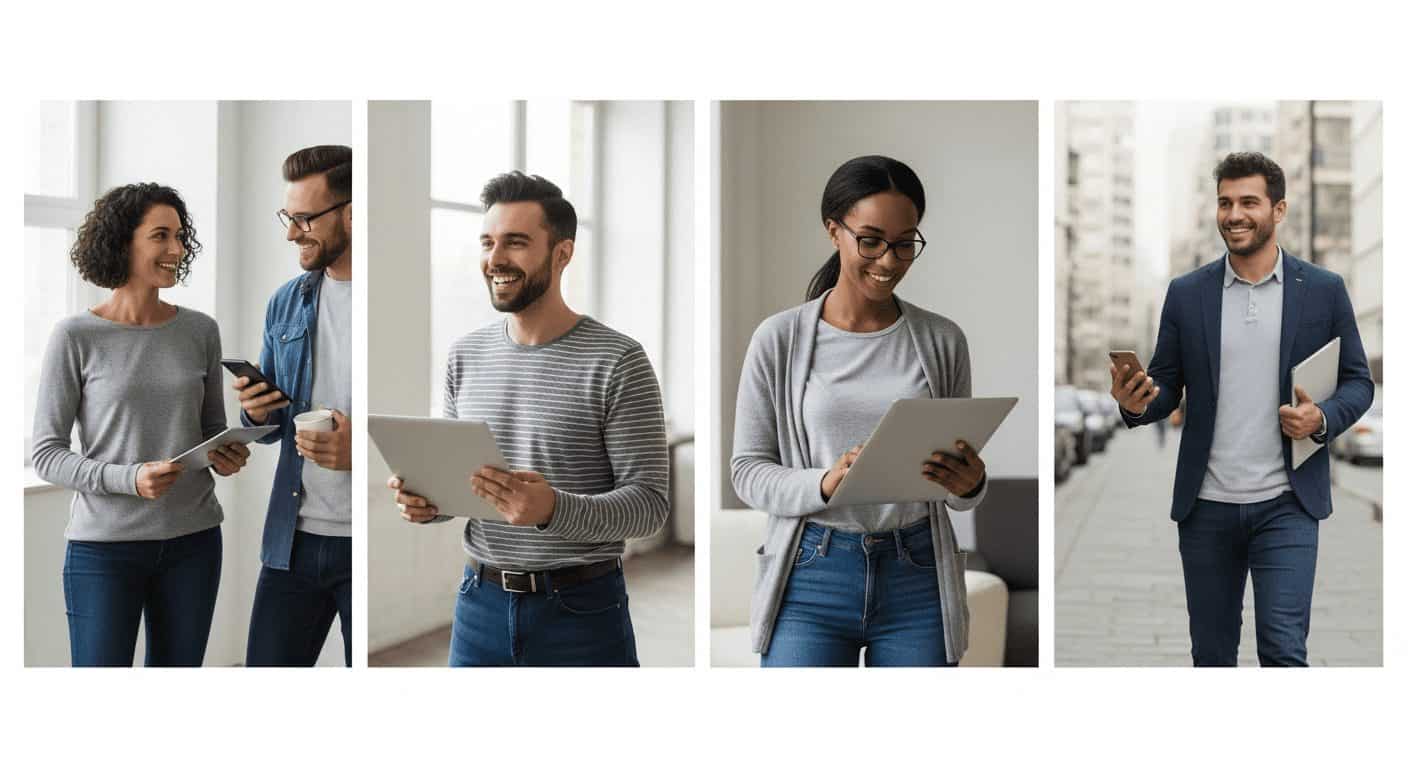 Collage of realistic wellness habits for busy people: stretching, filling a water bottle, walking outside, and breathing.