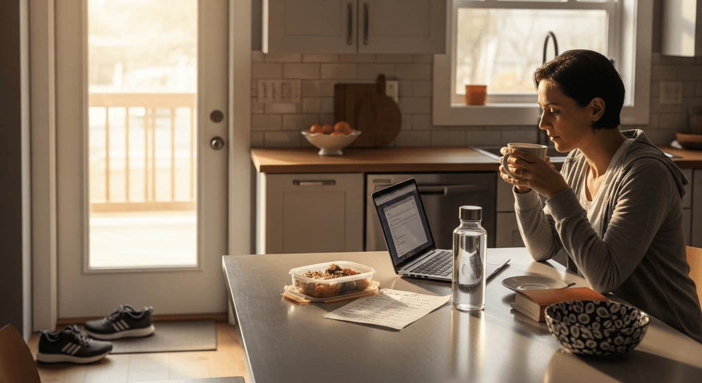 Busy adult in a home kitchen at 7am, showing realistic wellness habits for busy people with coffee and a laptop.