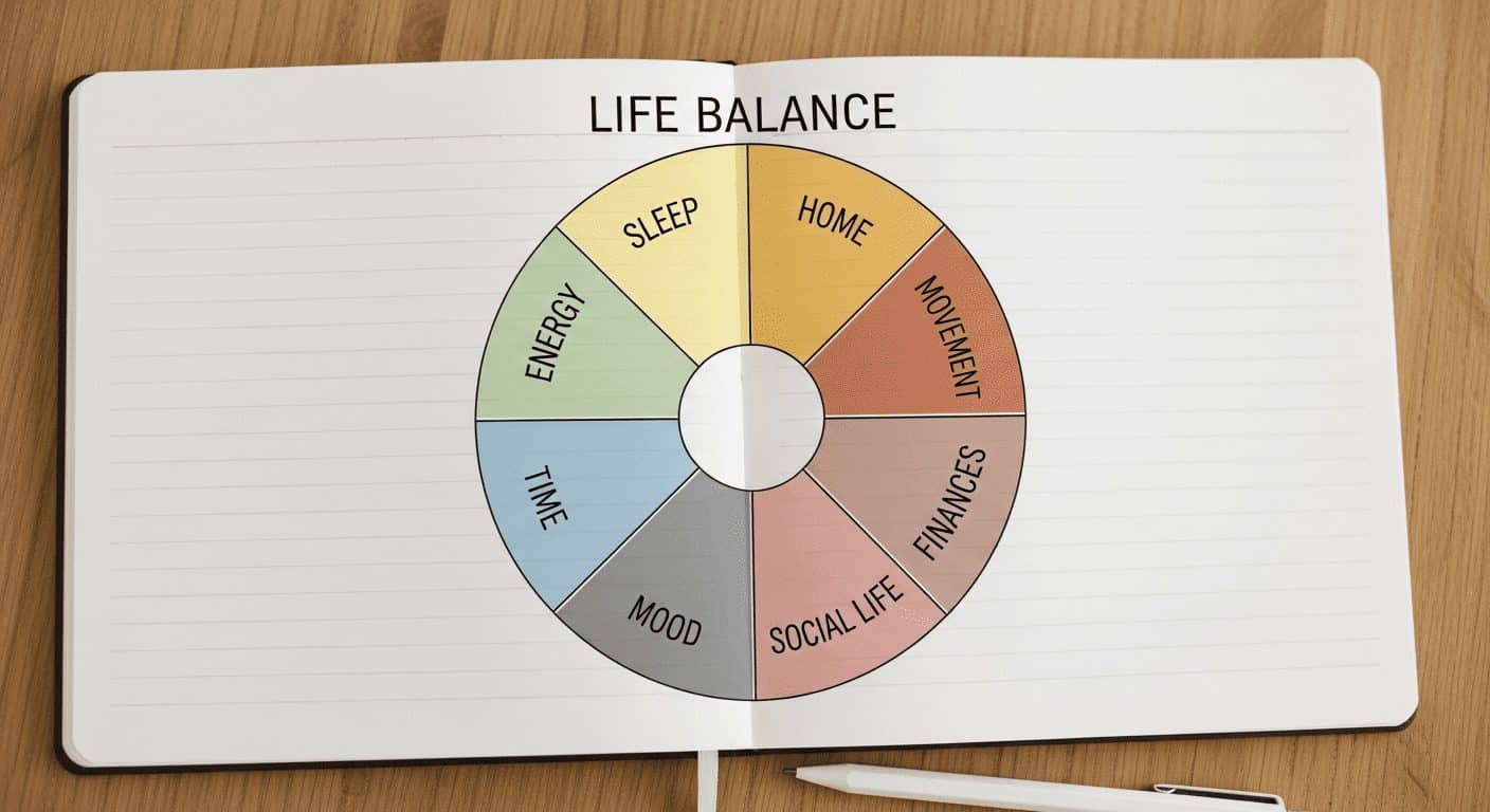 Infographic on how to improve daily life quality with a balance wheel for sleep, mood, energy, home, and more.