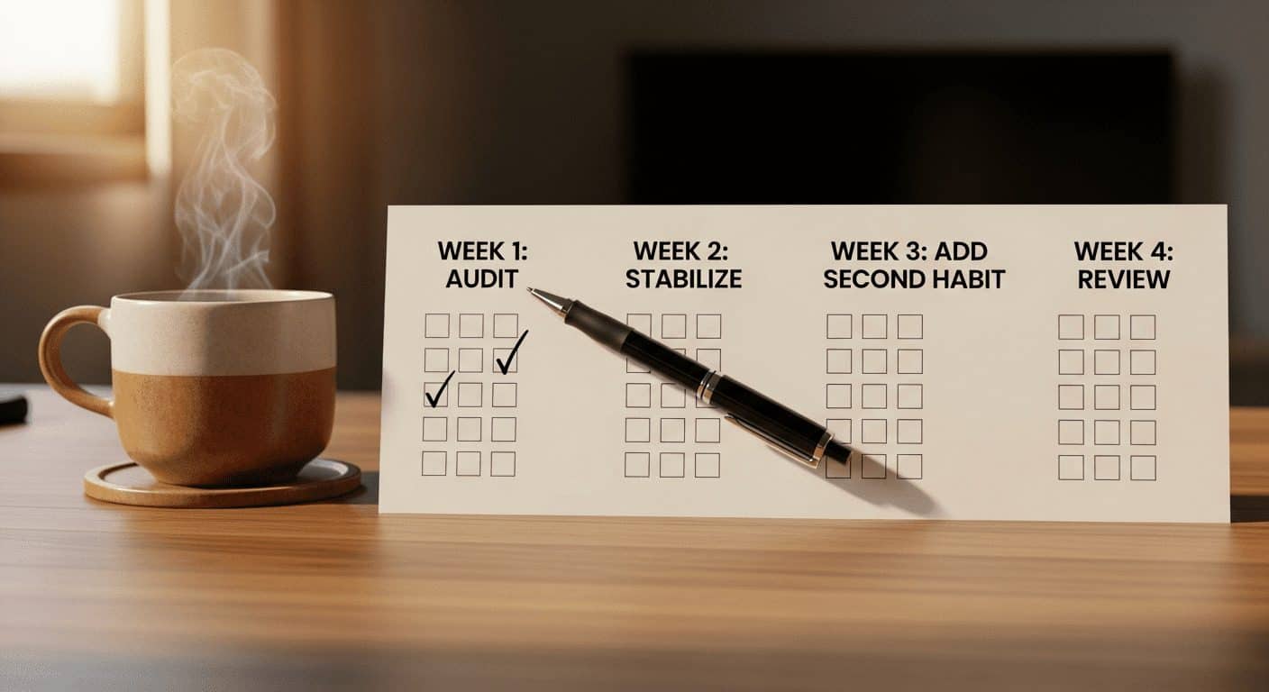 Horizontal checklist showing how to improve daily life quality step by step with a 4-week tracker, pen, tea mug, and desk.