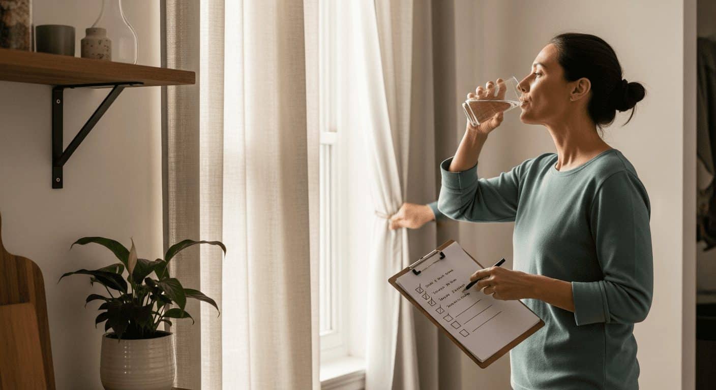 Adult at home making small habits like drinking water and opening curtains to show how to improve daily life quality.