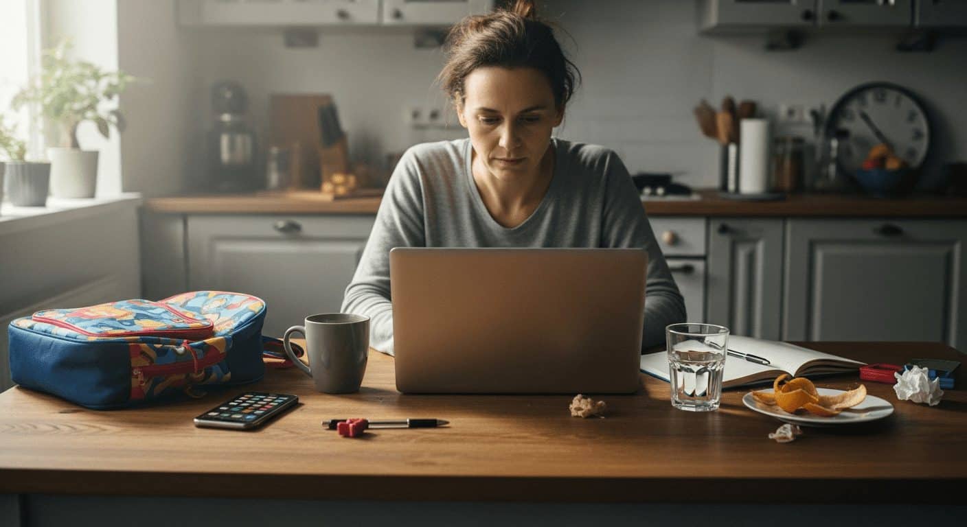 A busy parent at a kitchen table balances coffee, laptop, planner, and water, showing realistic wellness habits for busy people.