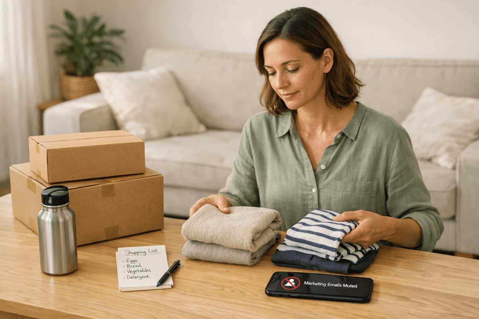 Adult at home using simple ways to reduce consumption habits with boxes, a reusable bottle, list and muted phone.