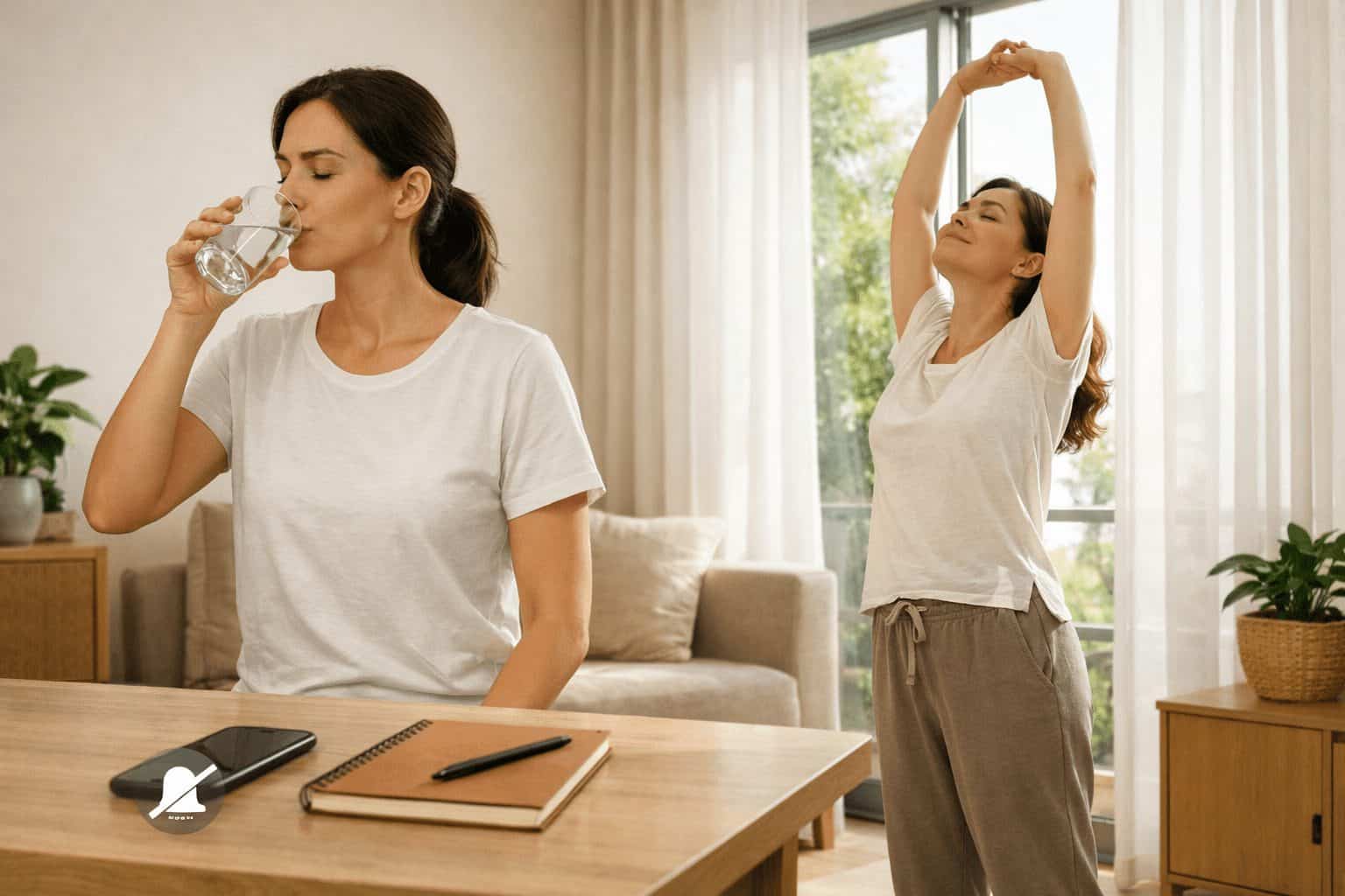 Busy adult at home practicing daily habits to reduce stress with water, stretching, a silent phone, and a notebook.