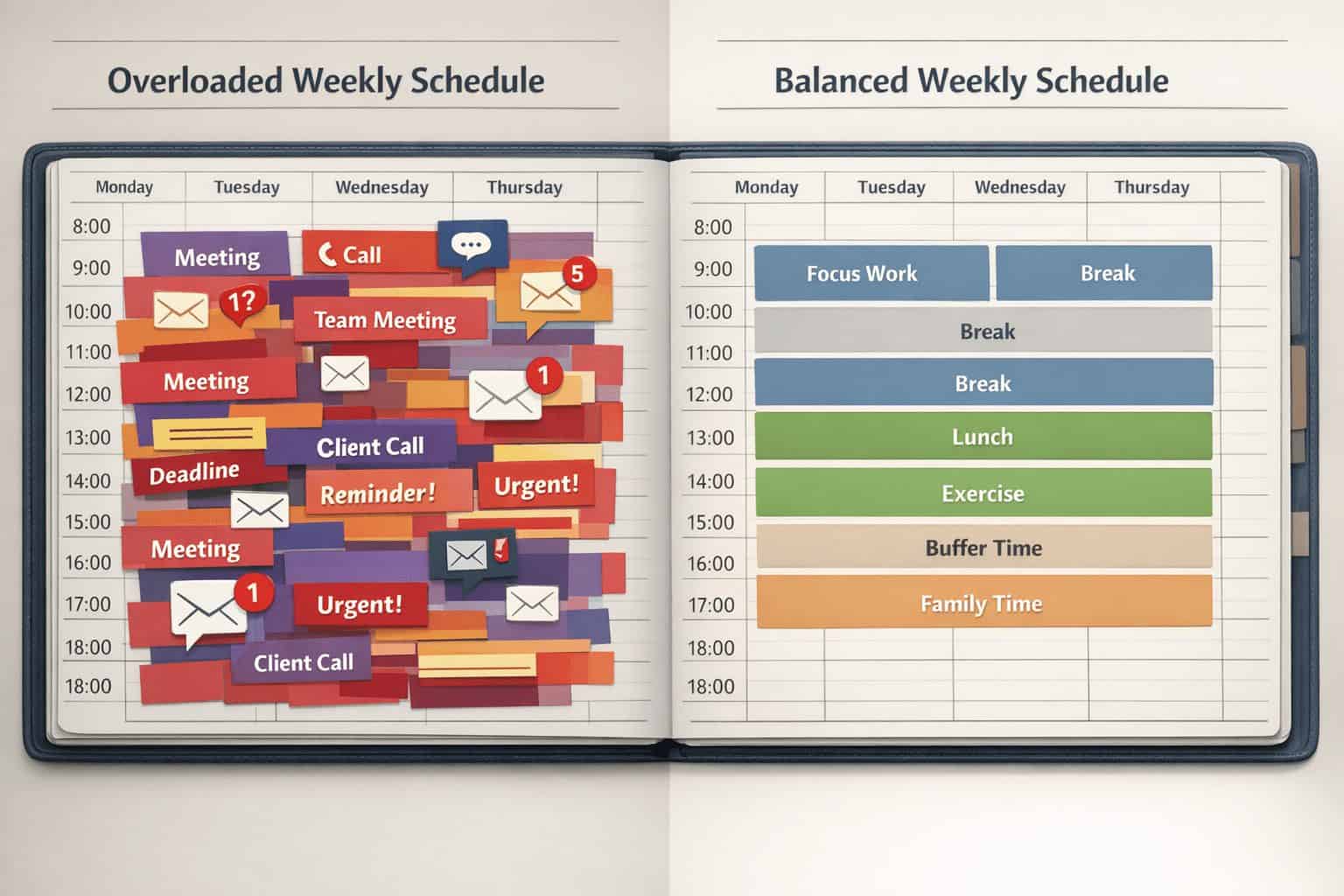 Infographic comparing an overloaded planner with a healthy work-life balance in a busy schedule and a balanced weekly plan.