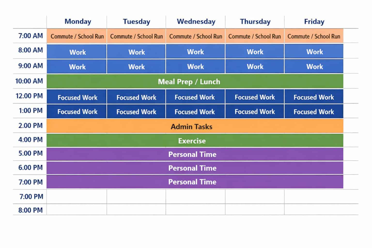 Weekly time-blocked planner showing work, commute, meal prep, exercise, admin, and personal time for healthy work-life balance in a busy schedule.