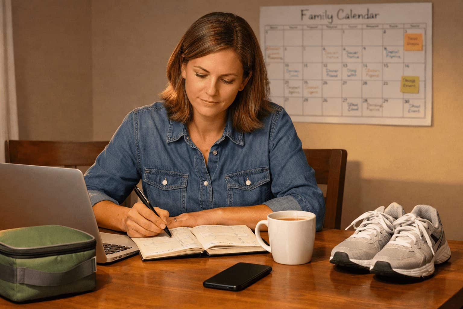 A working adult at a kitchen table shows a healthy work-life balance in a busy schedule with work and family items.