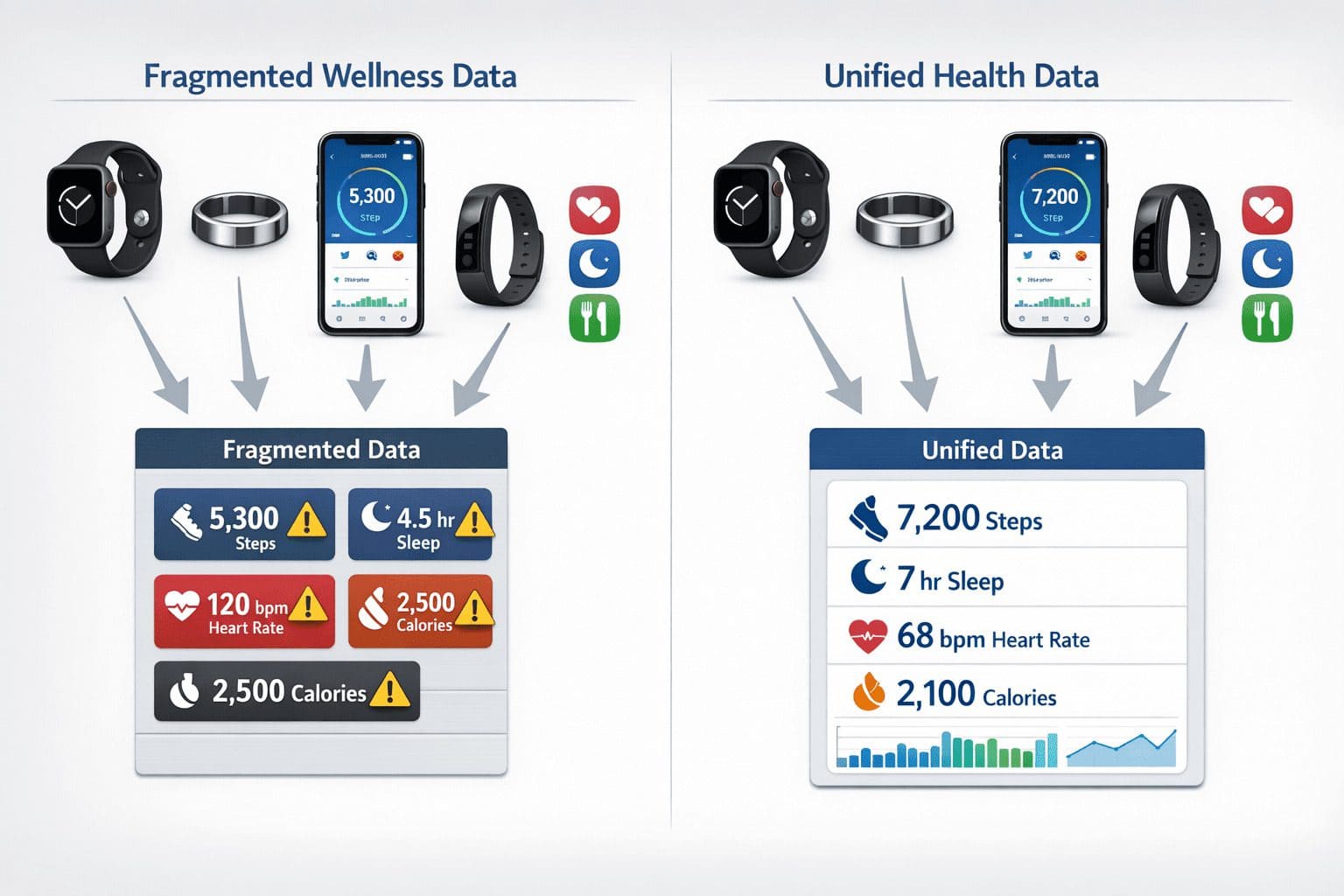 Infographic showing how to sync wellness data across devices into one dashboard from a watch, phone, ring, and tracker.