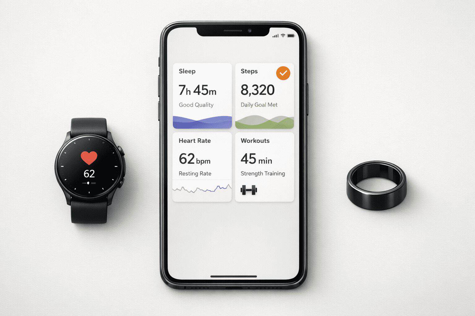 Smartphone dashboard showing sleep, steps, heart rate, and workouts to sync wellness data across devices.