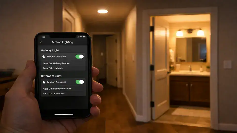 Smart home automation ideas shown on a phone app controlling motion lights in a hallway and bathroom at dusk.