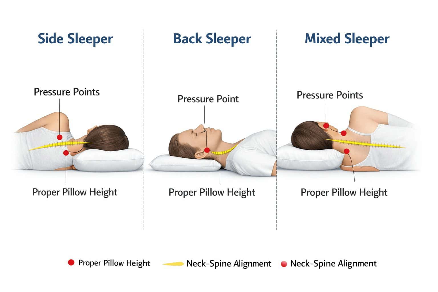Medical infographic of best smart pillows for neck pain relief for side, back, and mixed sleepers.