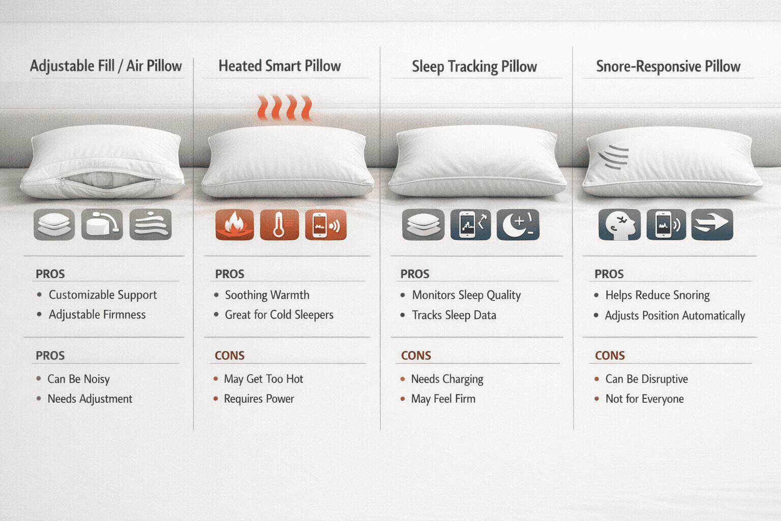 Comparison graphic of the best smart pillows for neck pain relief with support, heat, tracking, and motion icons.