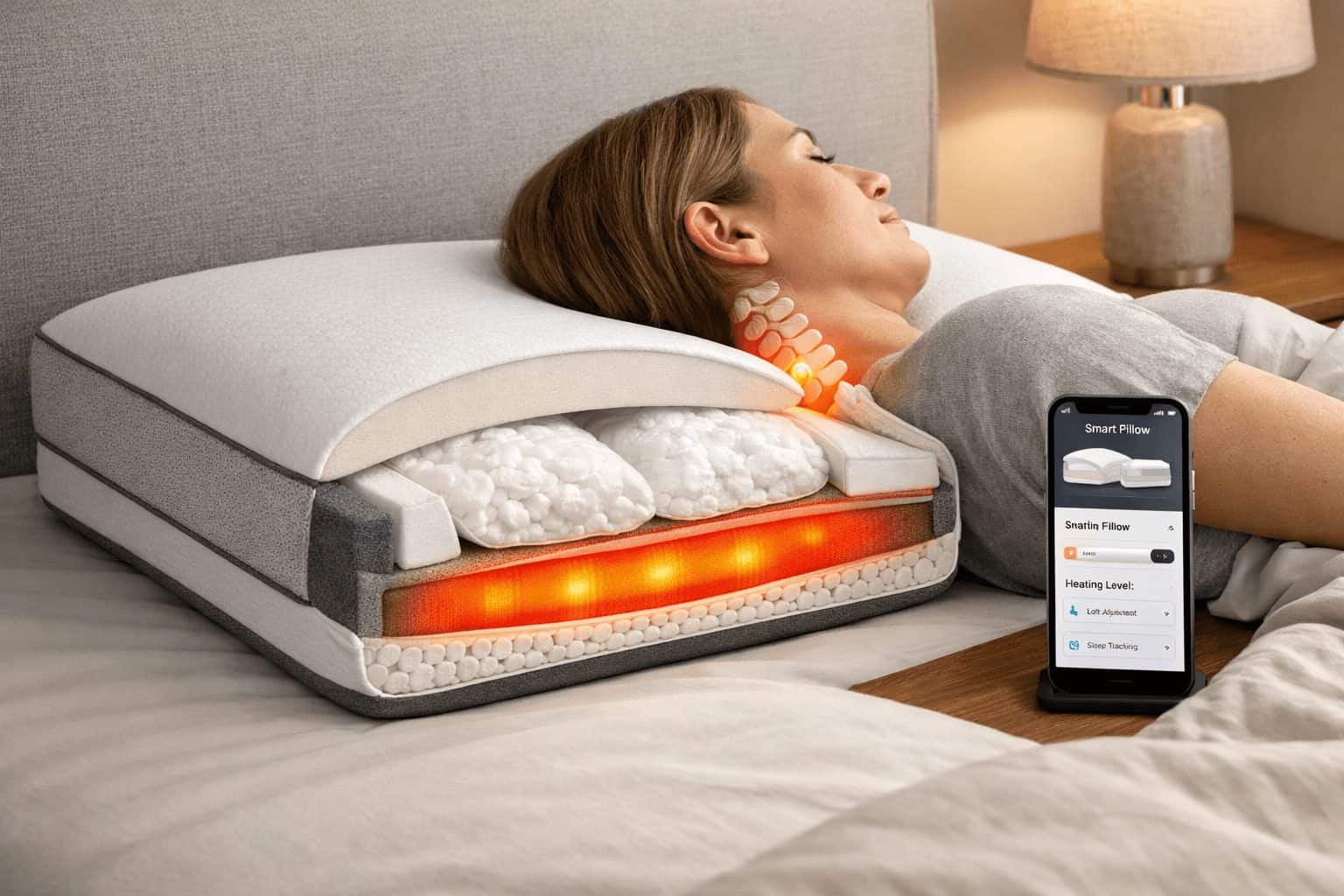 Editorial image of the best smart pillows for neck pain relief on a modern bed with app controls and cervical support.