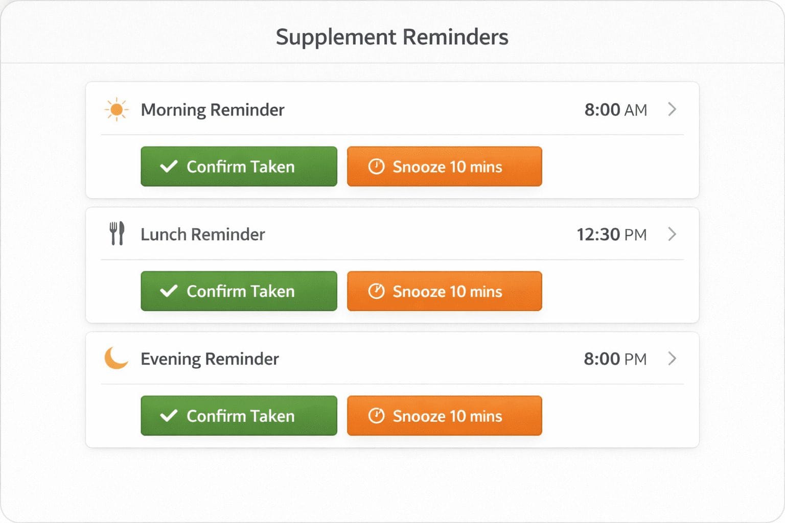 Mockup of the best supplement tracking apps with morning, lunch, and evening alerts, dose confirm buttons, and snooze.