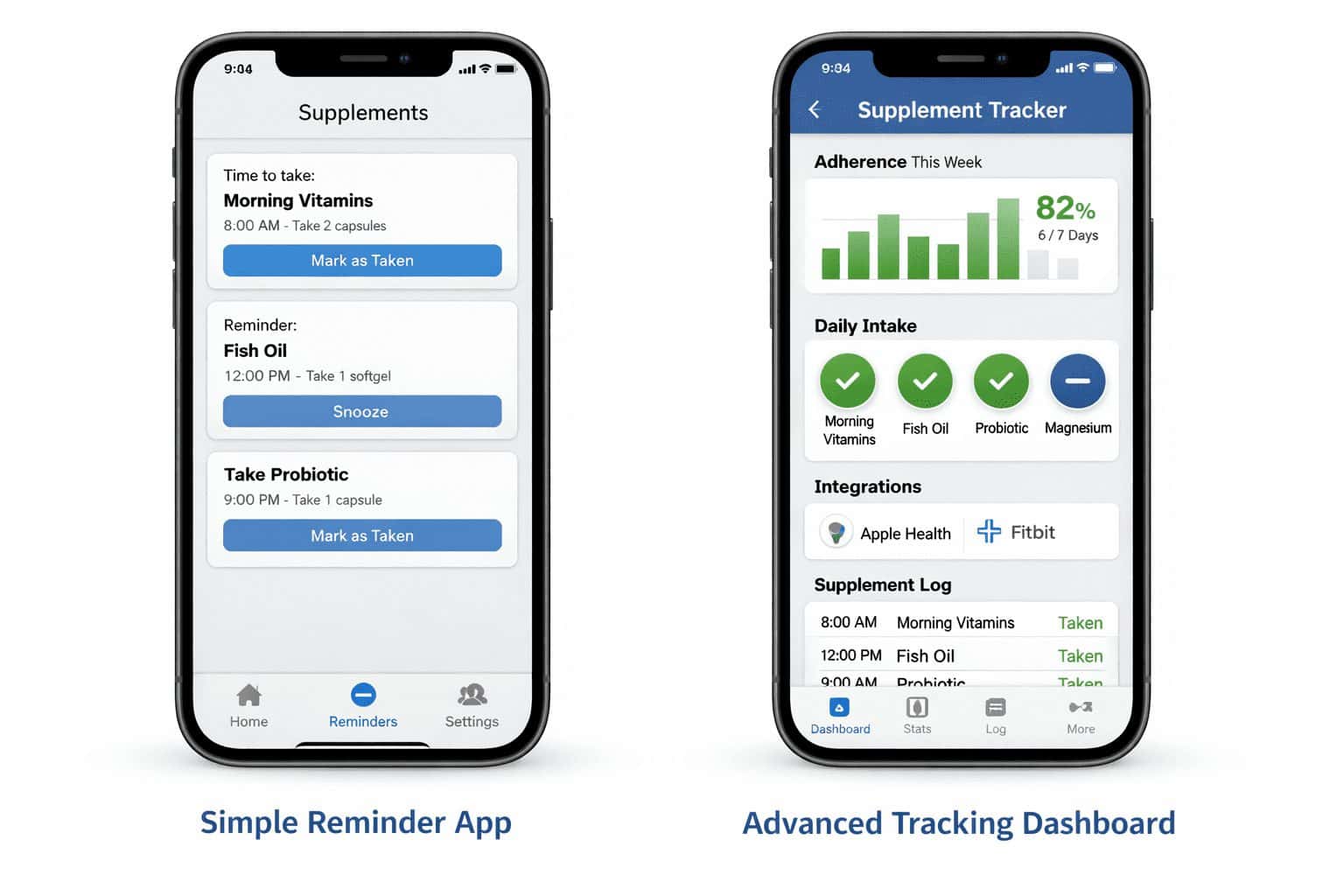 Horizontal graphic comparing best supplement tracking apps with a basic reminder dashboard and advanced analytics screen.
