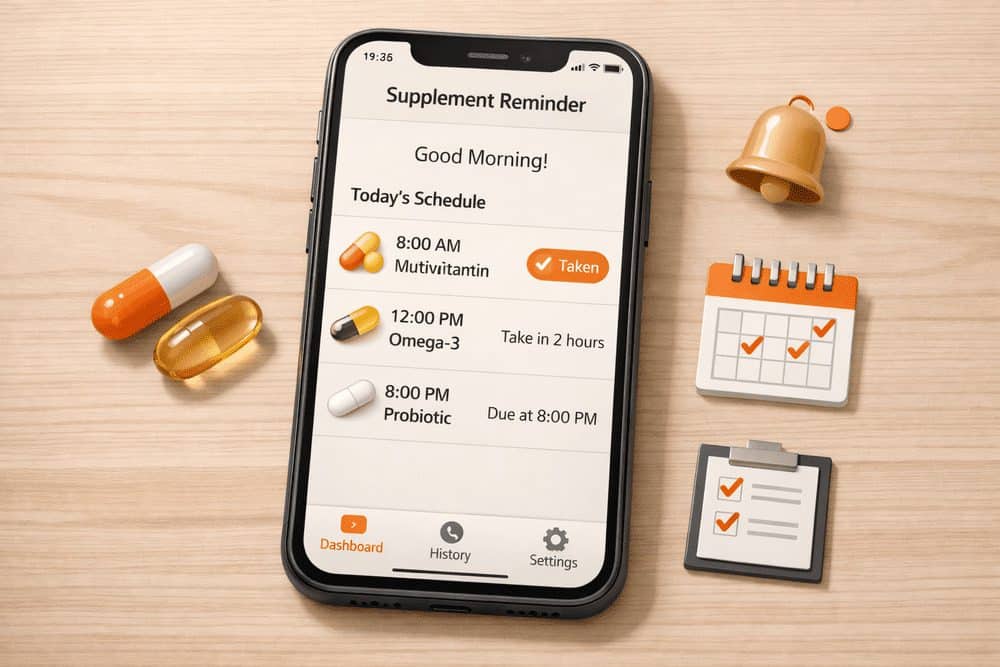 Smartphone showing the best supplement tracking apps dashboard with pill reminders, checkmarks, and calendar alerts.
