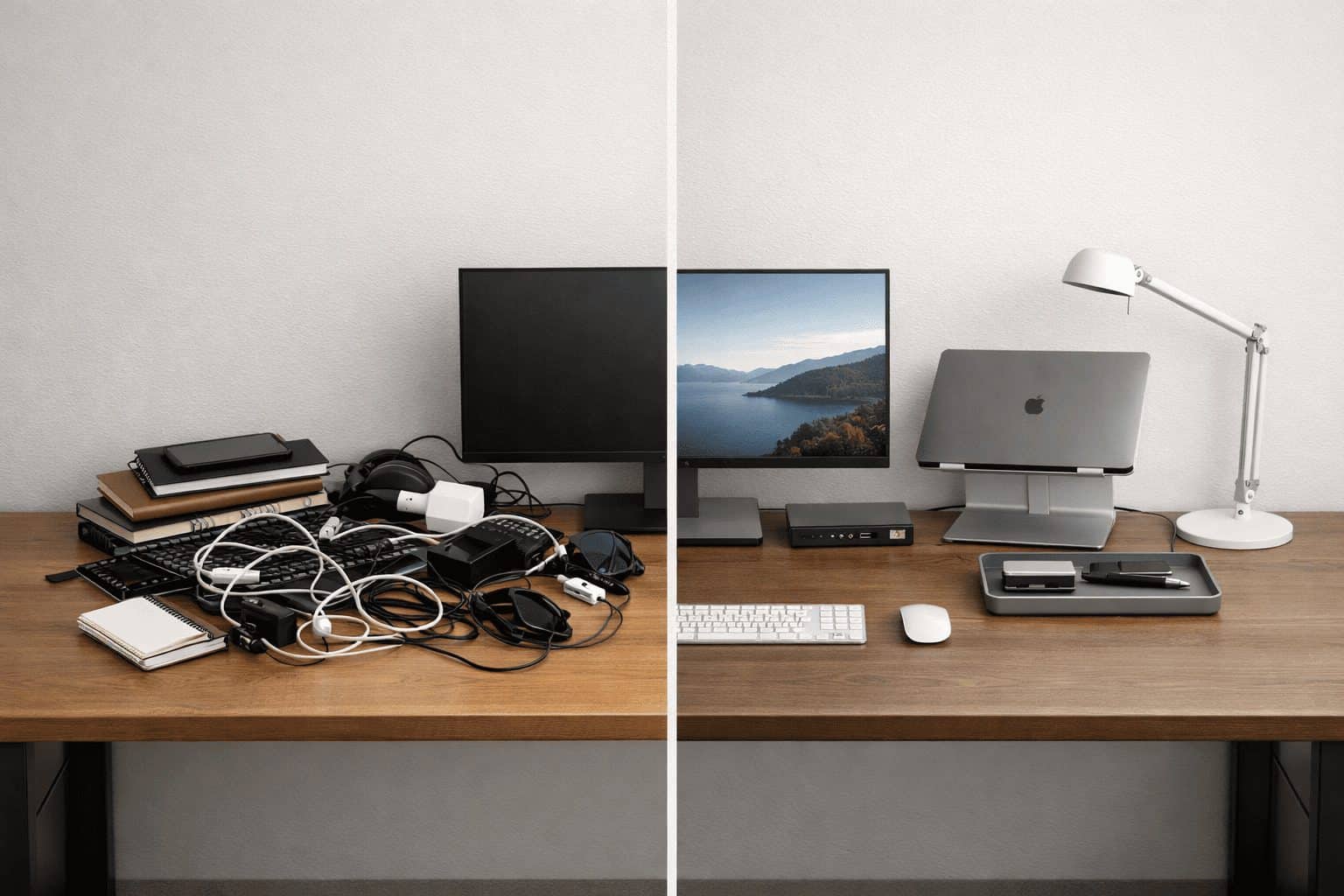 Before-and-after home office showing clutter versus minimal desk setup ideas for remote work with clean cable routing.