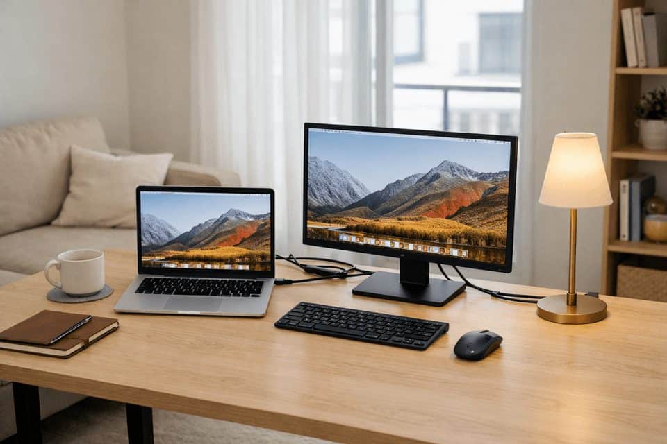 A minimalist home office shows minimal desk setup ideas for remote work with a laptop, monitor, lamp, and tidy cables.