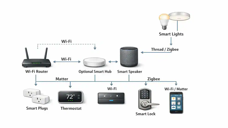Diagram from a smart home setup guide for beginners showing router, hub, speaker, lights, plugs, lock, thermostat, and app.