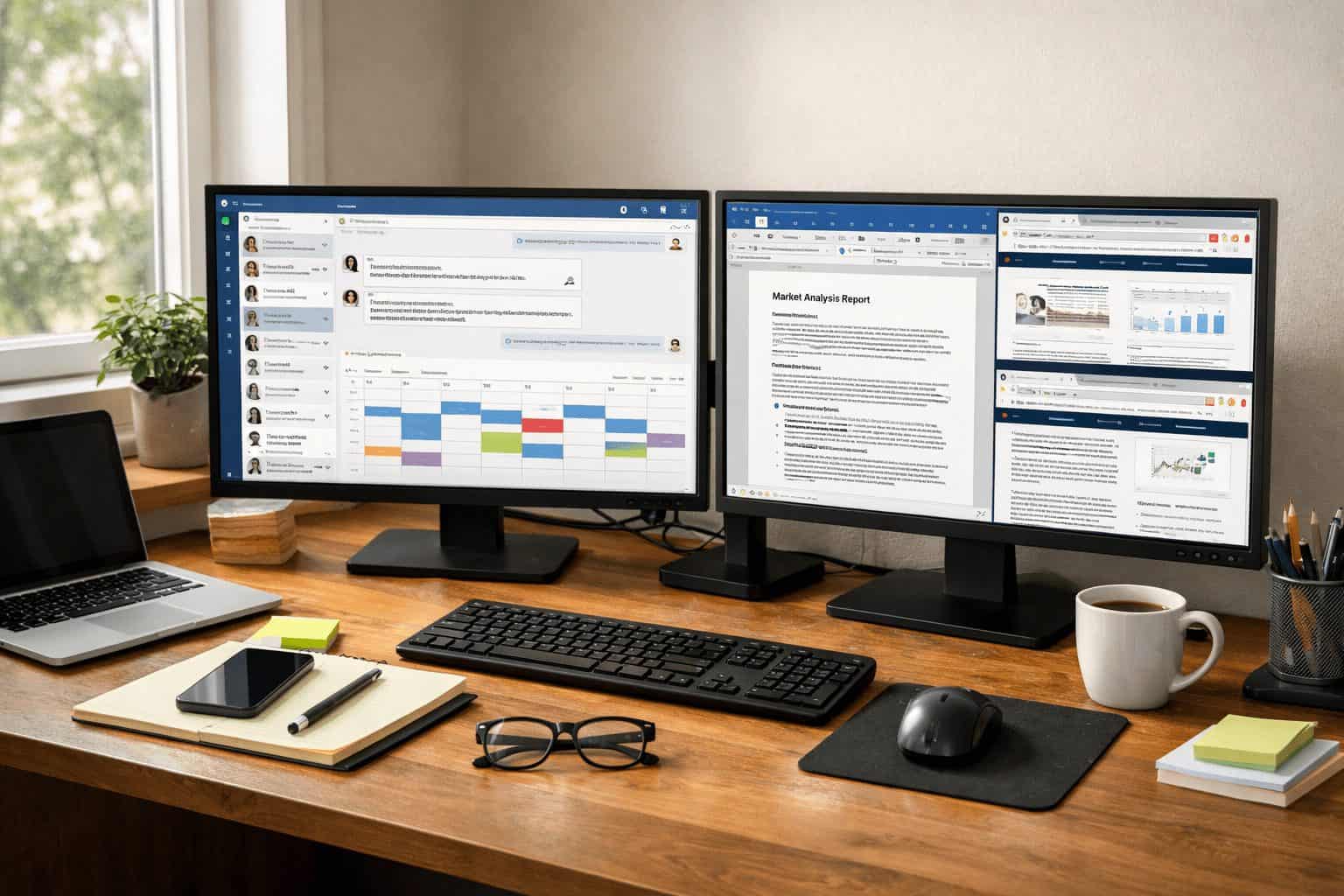 Realistic dual monitor setup for remote work with chat, calendar, document tabs, laptop, and soft window light.