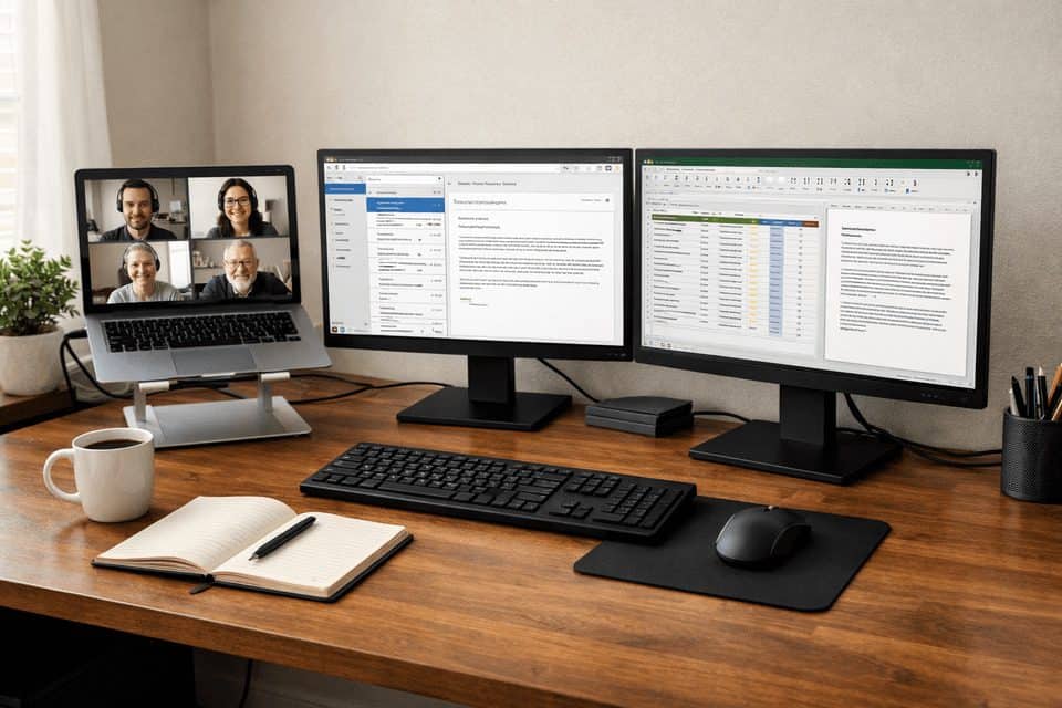 A realistic dual monitor setup in a modern home office with a laptop stand, keyboard, mouse, notebook, and coffee mug.
