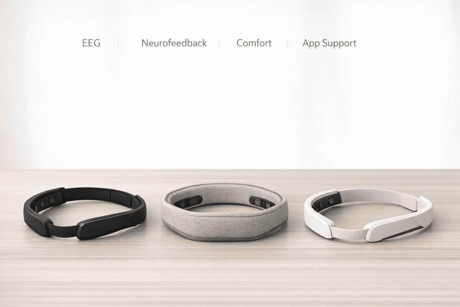 Best meditation headbands with brain sensors lined up on a table with labels for EEG, neurofeedback, comfort, and app support.