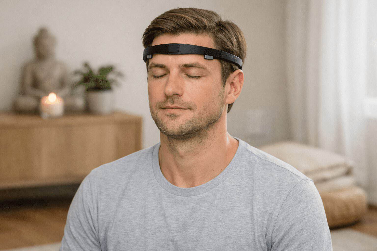 Person wearing one of the best meditation headbands with brain sensors correctly across the forehead at home.