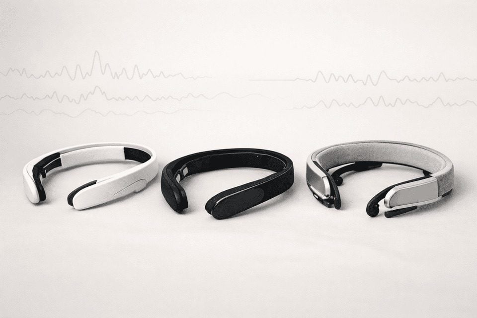 Best meditation headbands with brain sensors shown as modern wearables with subtle EEG graphics on a neutral background.