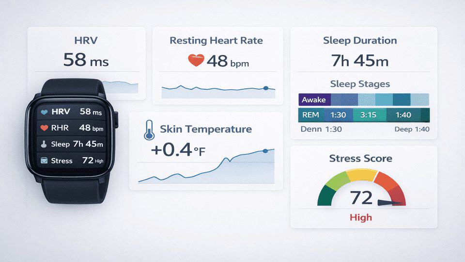 Infographic of mental health tracking with wearables showing HRV, sleep, heart rate, temperature, and stress data.