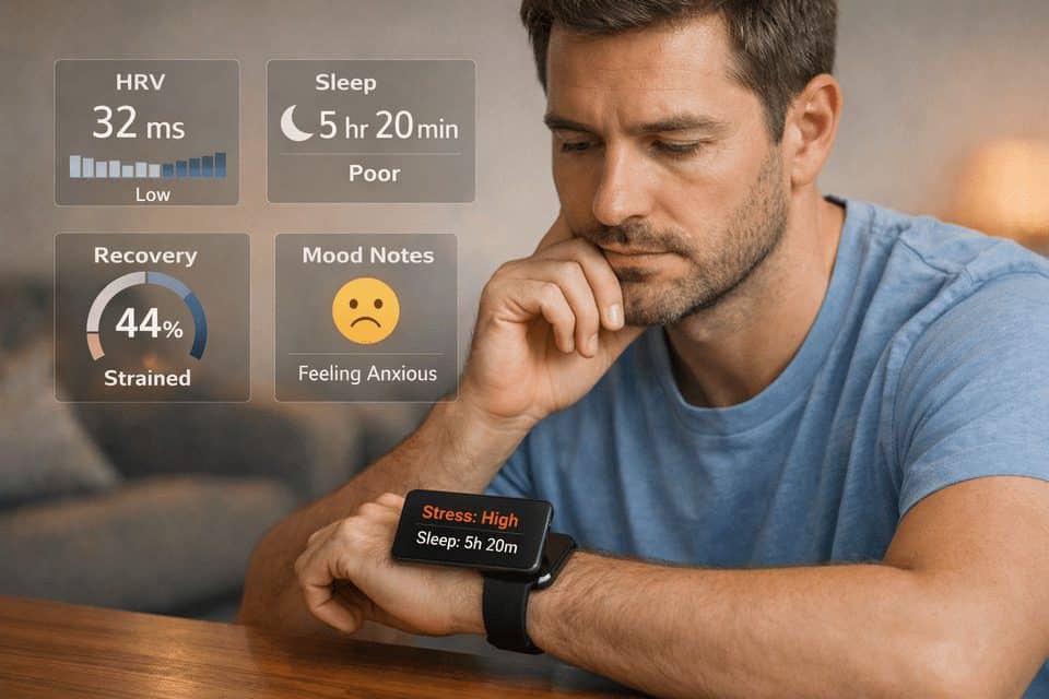 Adult reviews smartwatch stress and sleep data in a mental health tracking with wearables scene.
