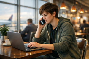 Traveler works on a laptop and phone at an airport cafe, researching best smart home humidity sensors.