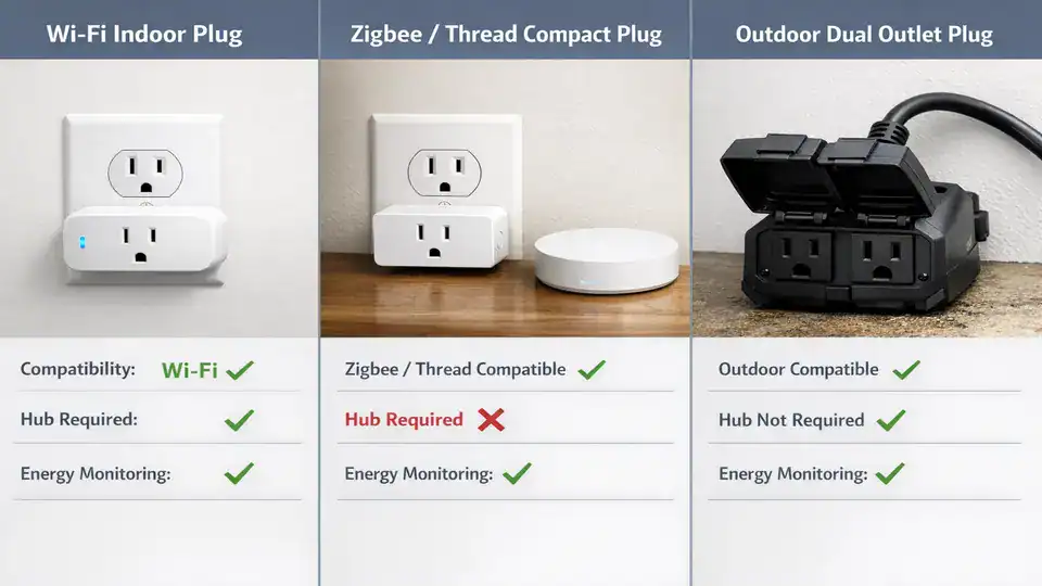 Comparison of best smart plugs for home automation: Wi-Fi indoor, Zigbee or Thread compact, and outdoor dual-outlet plug.