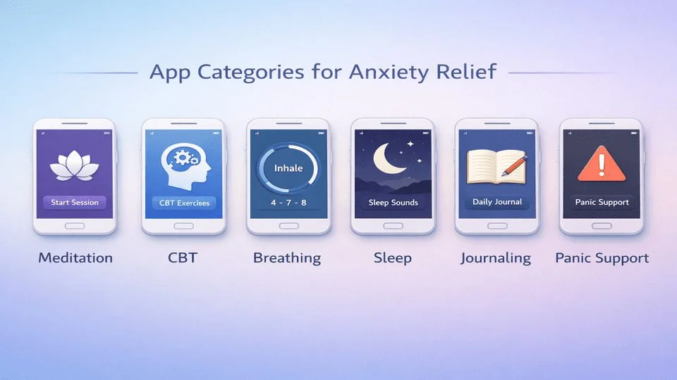 Comparison graphic of the best apps for anxiety and stress relief across meditation, CBT, breathing, sleep, journaling, and panic support.