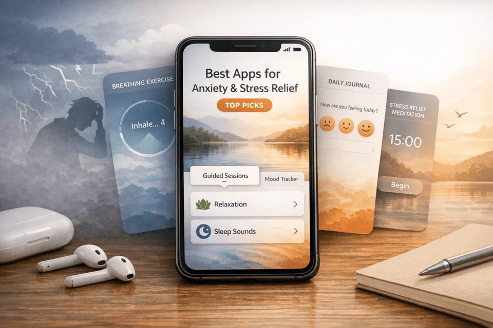 Smartphone showing the best apps for anxiety and stress relief with calming screens and a soft stress-to-calm design.