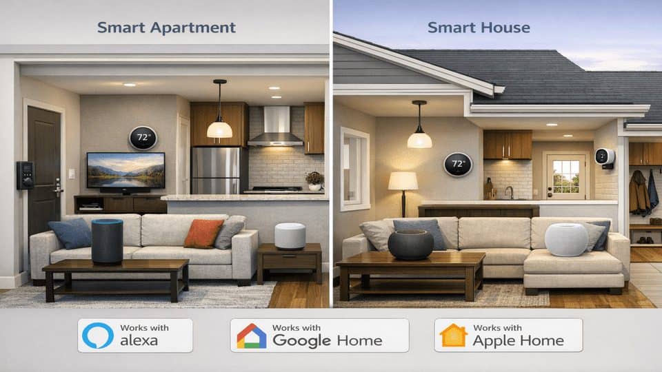 Comparison image of apartment and house layouts with speakers, lights, thermostat, camera, and lock for smart home automation ideas.