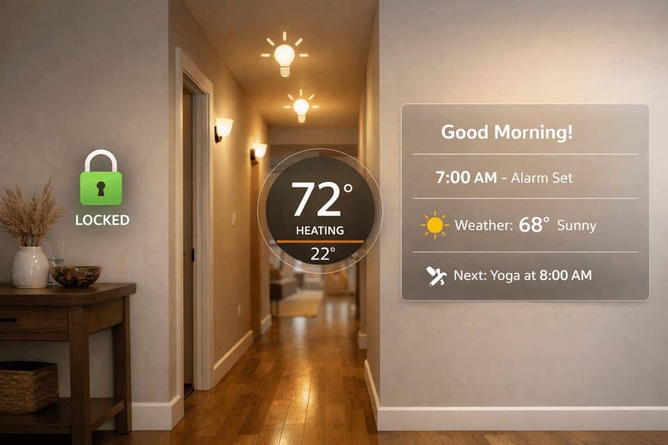 Modern hallway with smart home automation ideas shown through light, thermostat, and lock overlays.