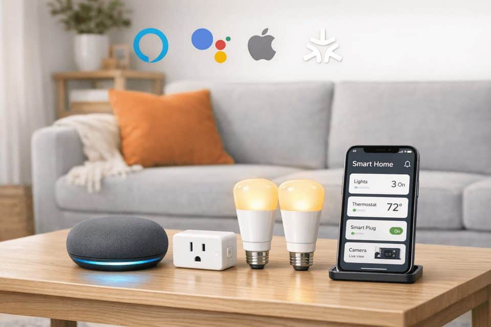 Modern apartment living room for a smart home setup guide for beginners, with smart speaker, bulbs, plug, and phone.
