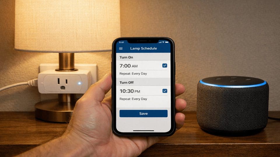 Bedside lamp on a smart plug with app scheduling and speaker, showing the best smart plugs for home automation.