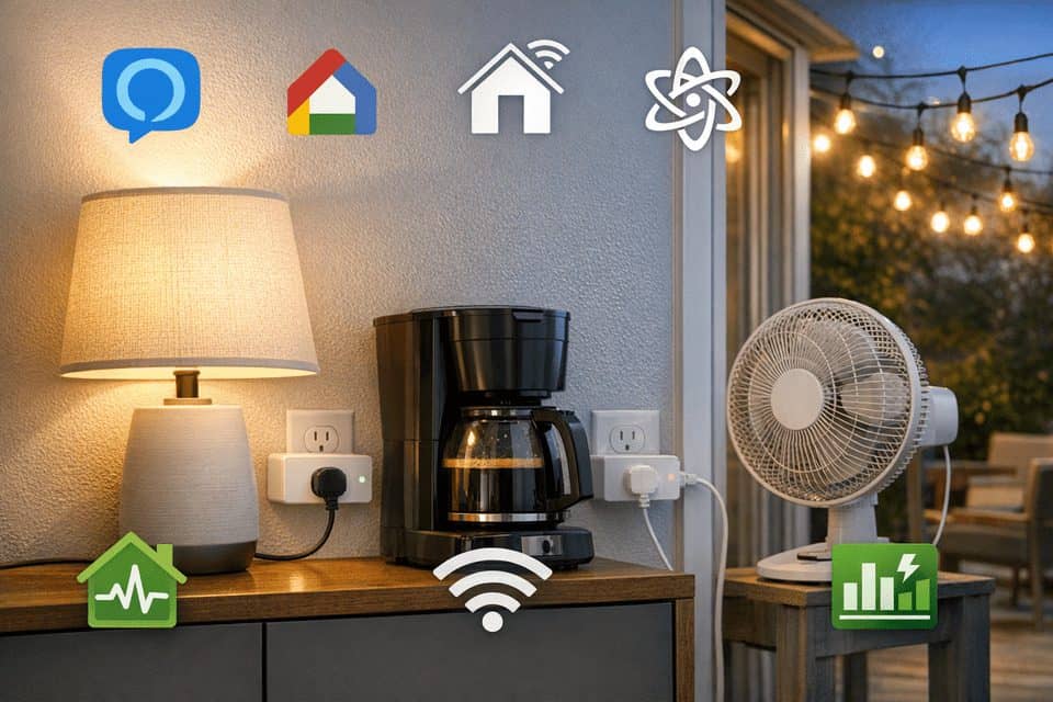 Modern room showing the best smart plugs for home automation controlling lights, a fan, coffee maker, and patio lights.