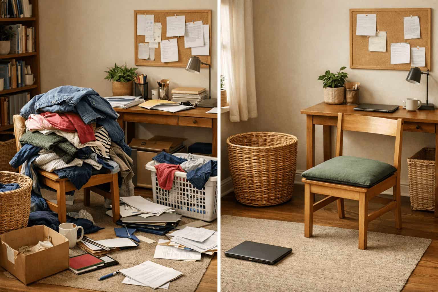 Side-by-side room scene showing how to declutter your home one room at a time with a realistic before-and-after look.