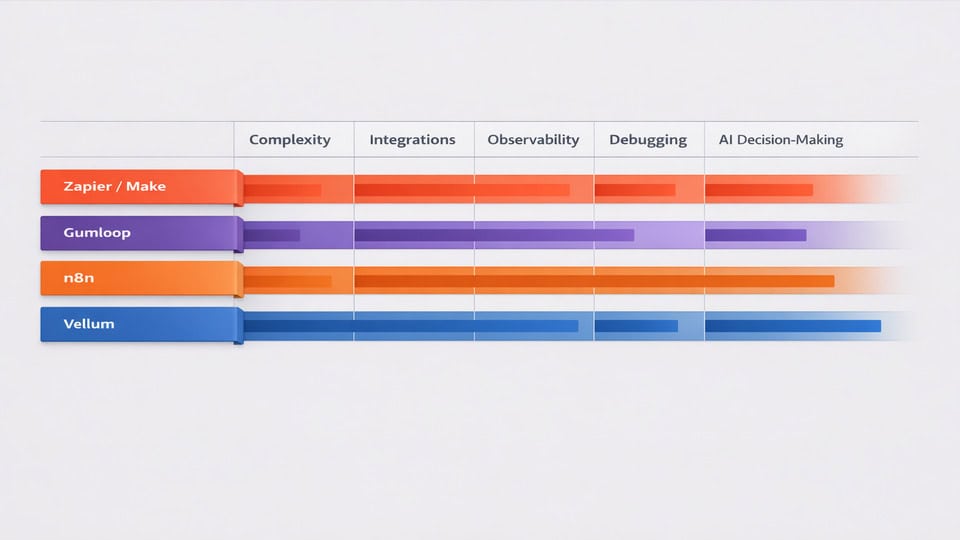 Capability matrix comparing AI workflow automation tools: Zapier, Make, Gumloop, n8n, and Vellum.