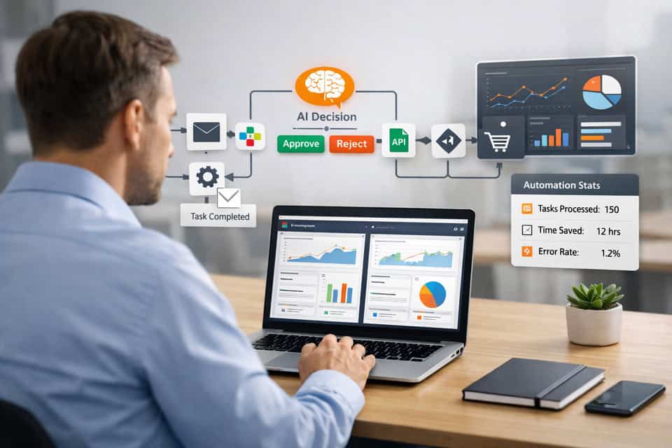 Operations manager compares AI workflow automation tools on a laptop with workflow diagrams and dashboards.