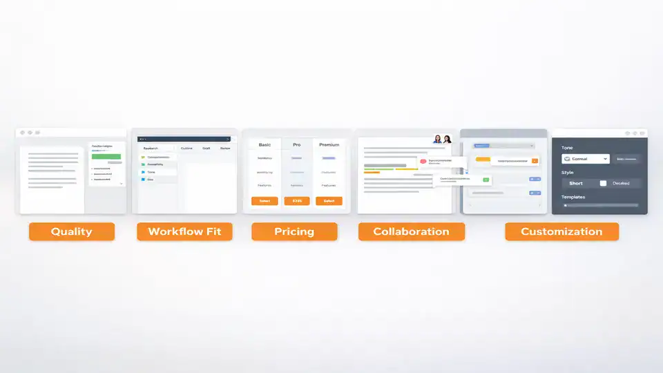 Horizontal collage comparing the best AI writing assistants by quality, workflow fit, pricing, collaboration, and customization.