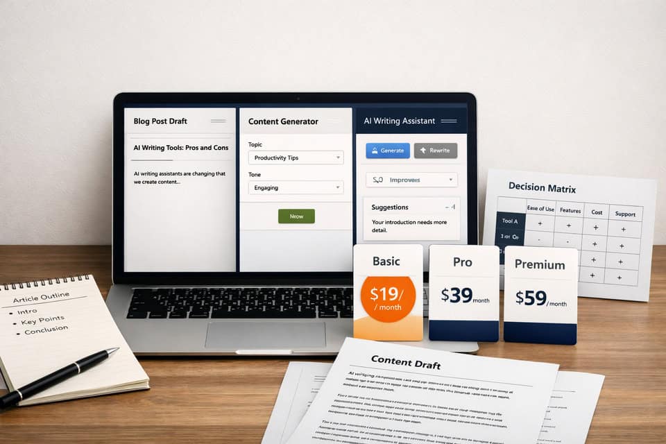 Laptop showing the best AI writing assistants with dashboards, drafts, pricing cards, notes, and a decision matrix.