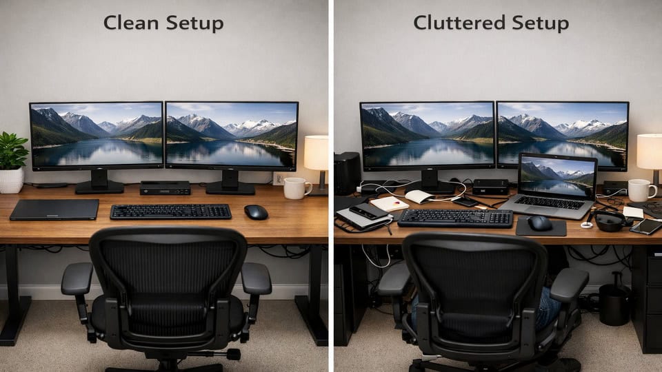 Side-by-side dual monitor setup showing tidy cable management, better posture, and a cluttered desk in a home office.