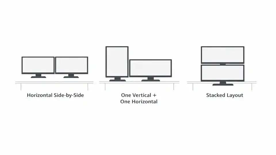 Comparison diagram showing dual monitor setup layouts for productivity: side by side, vertical plus horizontal, and stacked.