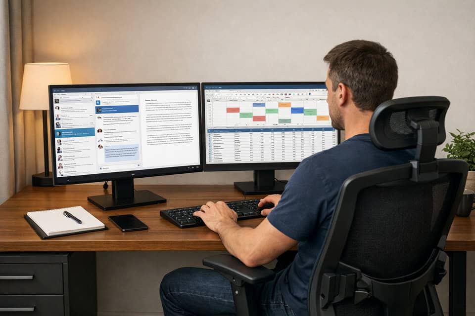 Remote worker in a tidy home office using a dual monitor setup for productivity with documents, messages, calendar, and spreadsheet.