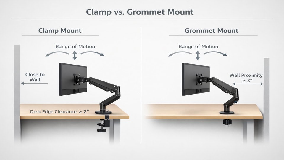 Infographic compares clamp and grommet options in the best monitor arms for desk setup, showing motion arcs and clearances.